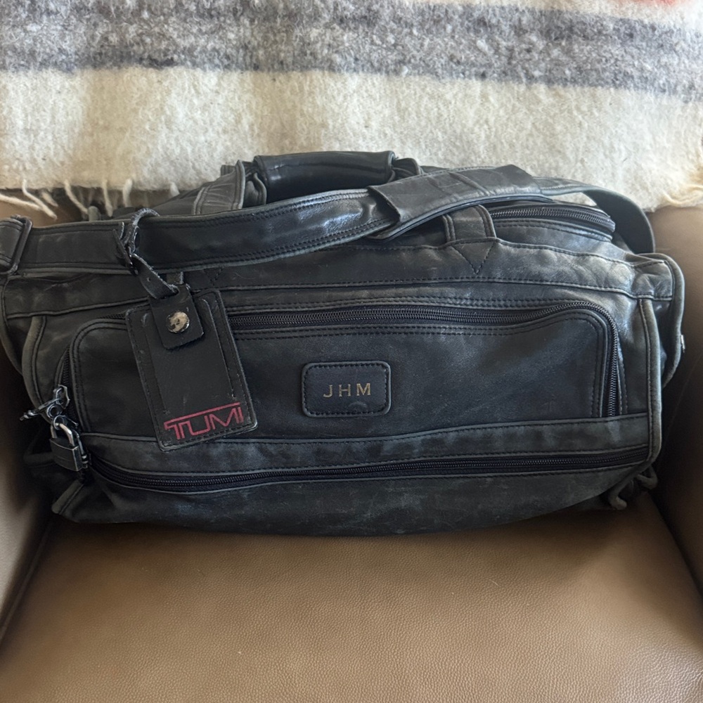 Tumi Black Leather Duffel Bag with Monogrammed JHM